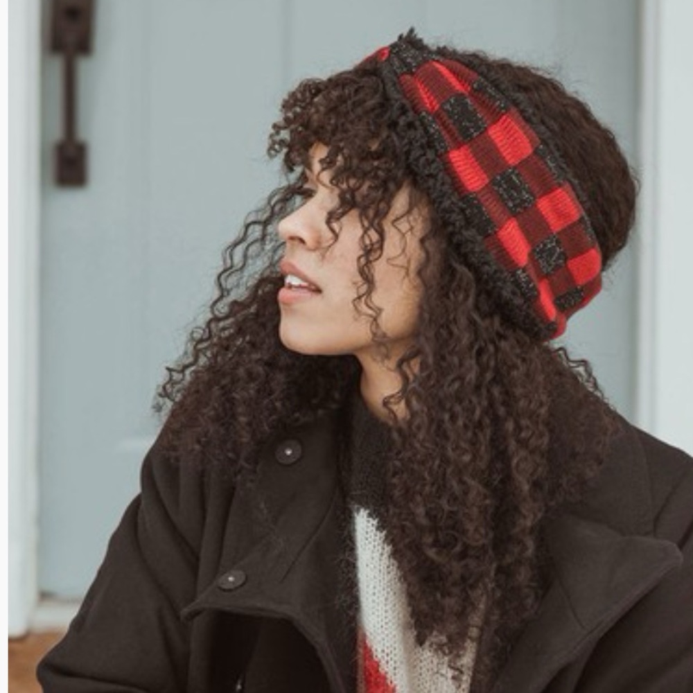 MUK LUKS Buffalo Plaid Reversible Headband in Dark Red/Black with Faux Fur